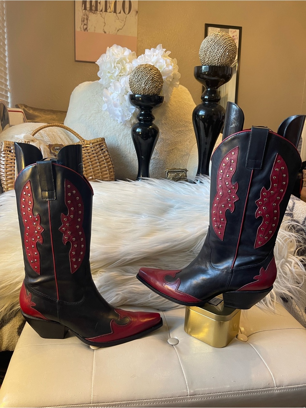 BCBGirls Vintage Two-Tone Studded Western Leather Y2K-era Cowboy Boots Black/Red